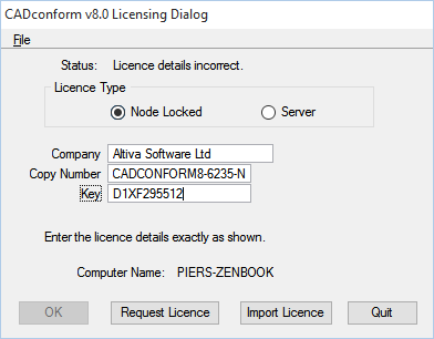 CADconform Licensing Dialog